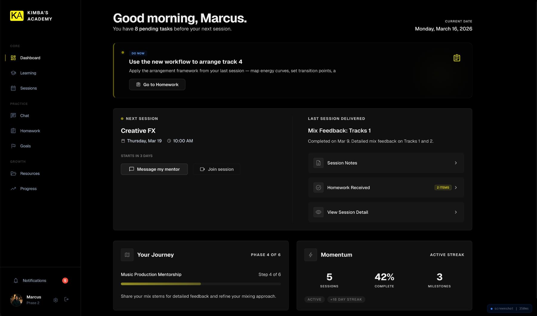 MentorshipOS Dashboard — your learning journey, sessions, homework, and progress tracking in one place